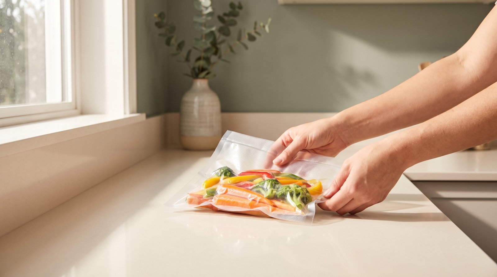Manos metiendo alimentos en una bolsa para vacío sobre una barra de cocina