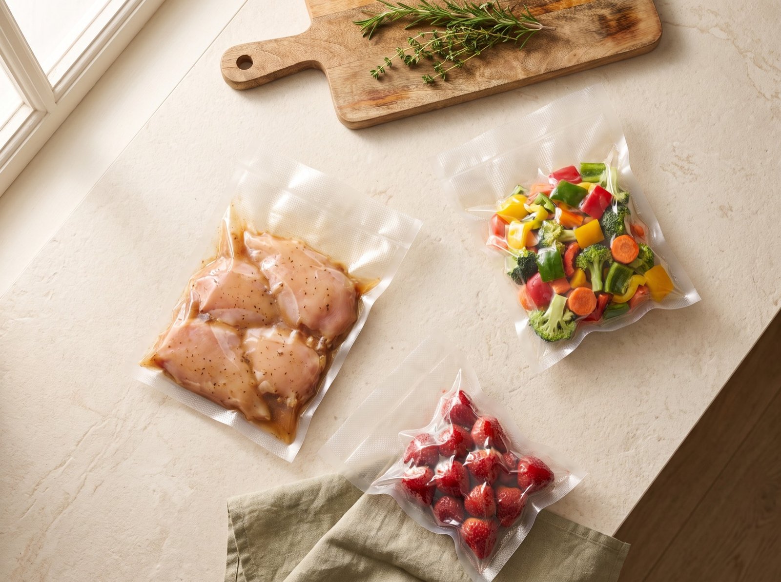 Porciones de comida preparadas y selladas al vacío sobre la barra