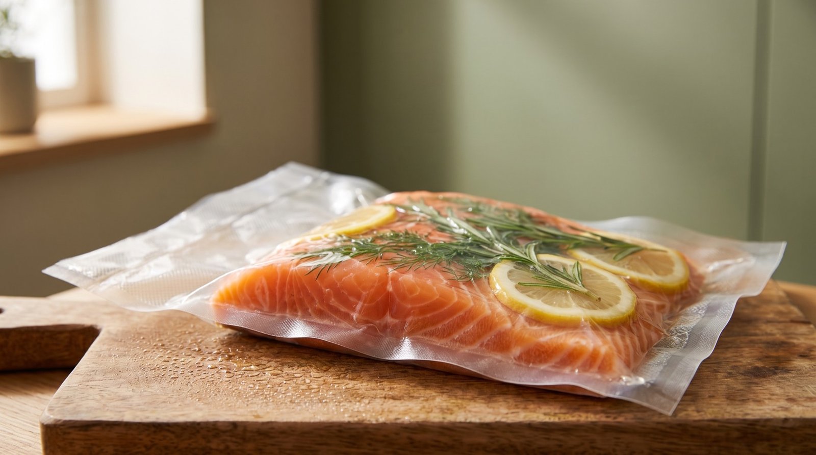 Bolsa sellada al vacío con salmón fresco lista para cocinar